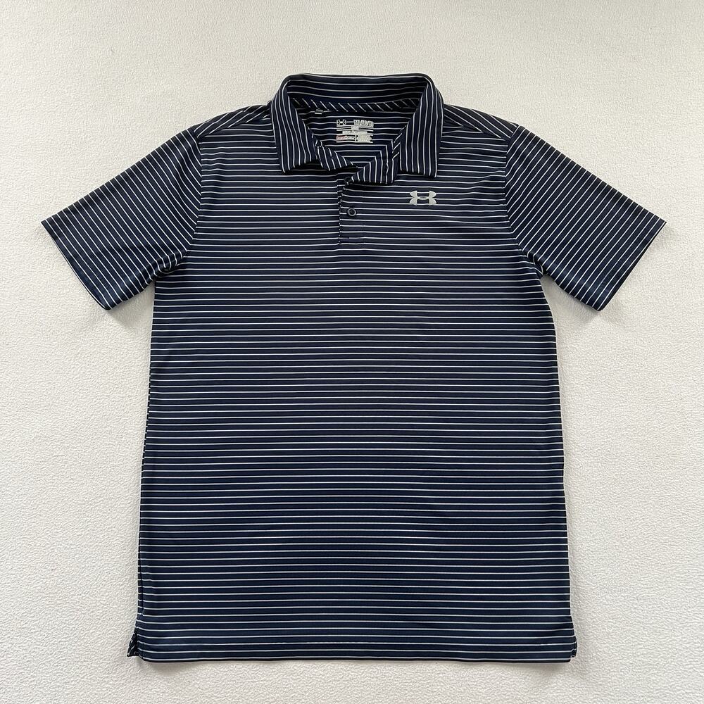 Under Armour UA Boy Heat Gear Navy Blue Gray Stripe Playoff Polo Shirt Youth YXL